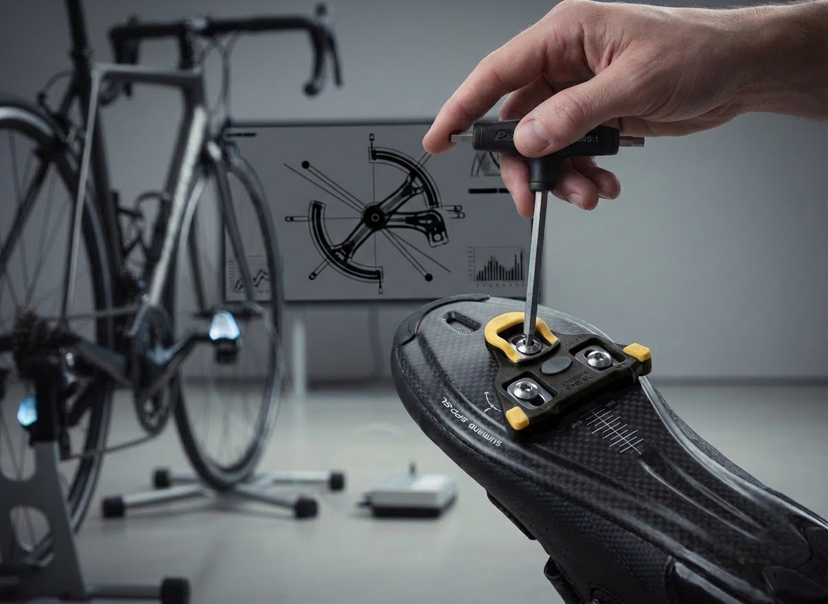 Hand tightening a bike cleat on a cycling shoe with a wrench and digital bike setup in background